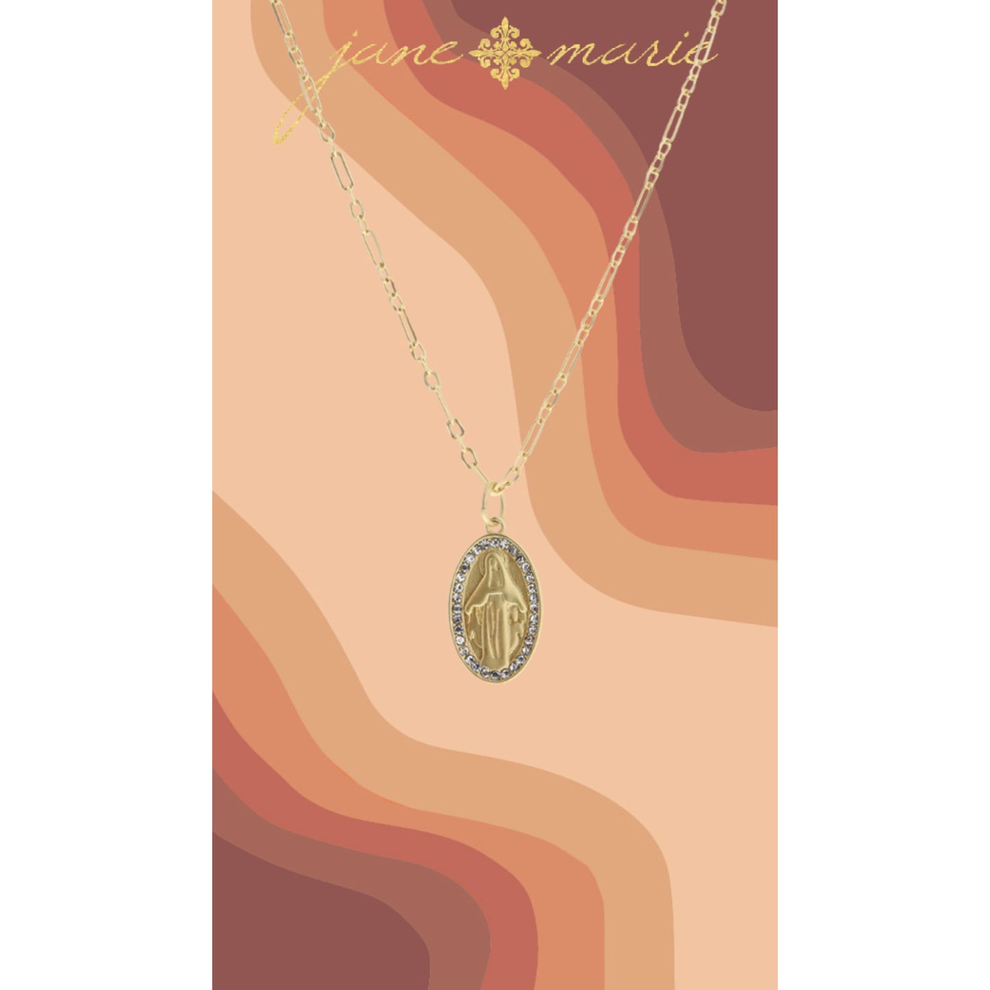 16" Gold Oval with Virgin Mary and Mini Crystal Inlay Necklace, 3" Ext