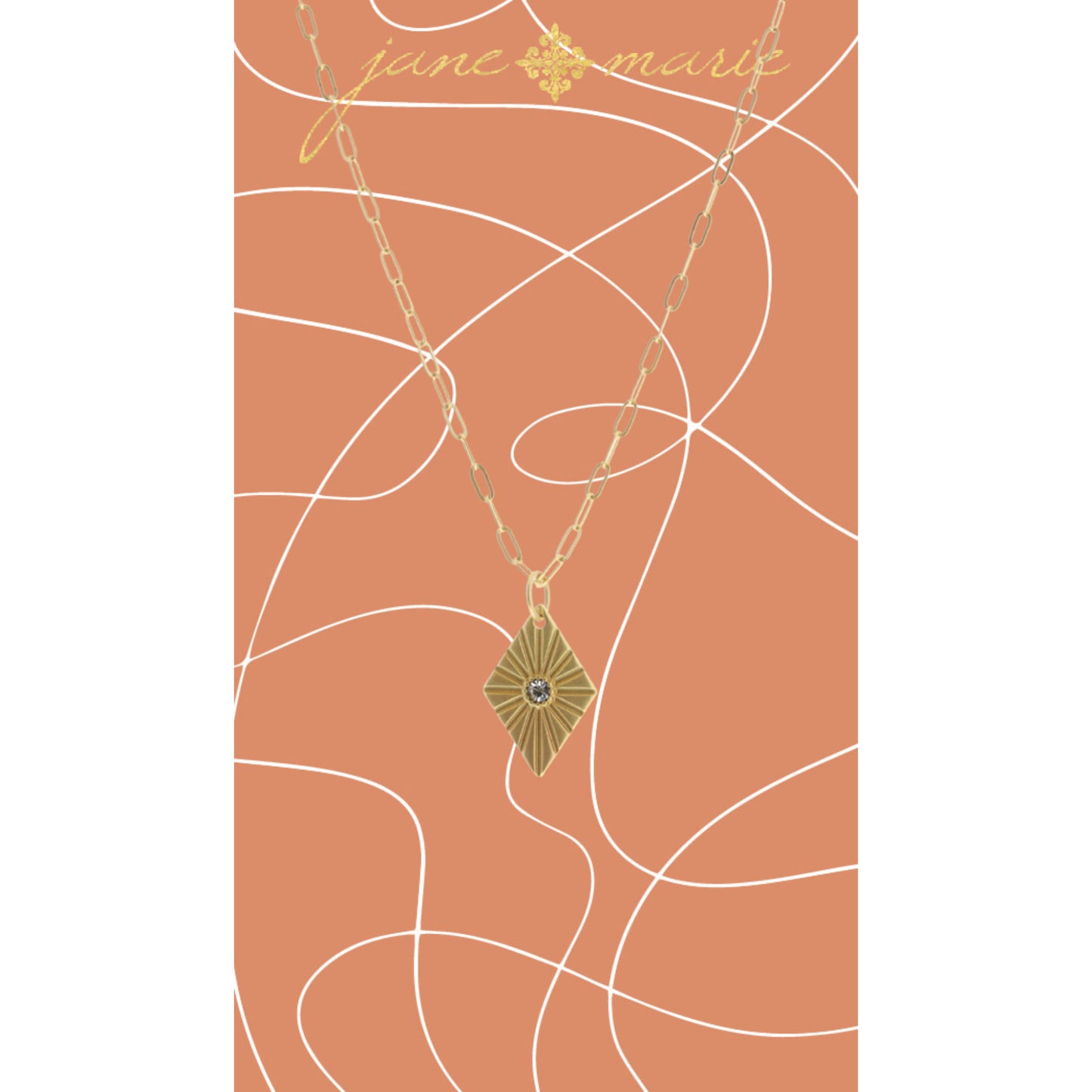 16" Gold Textured Diamond with Center Crystal Necklace, 3" Ext