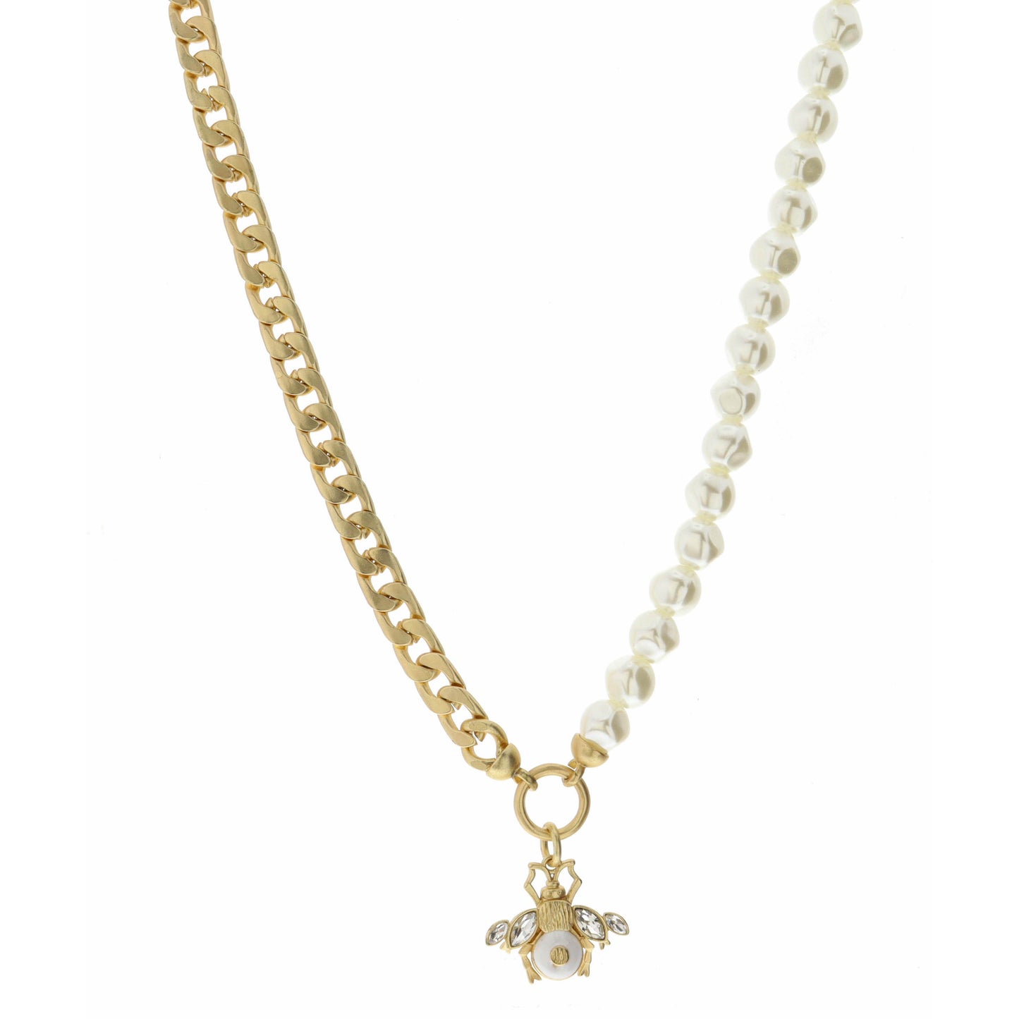18" Half Pearl, Half Gold Chain, Gold Bee with White Necklace, 3" Ext