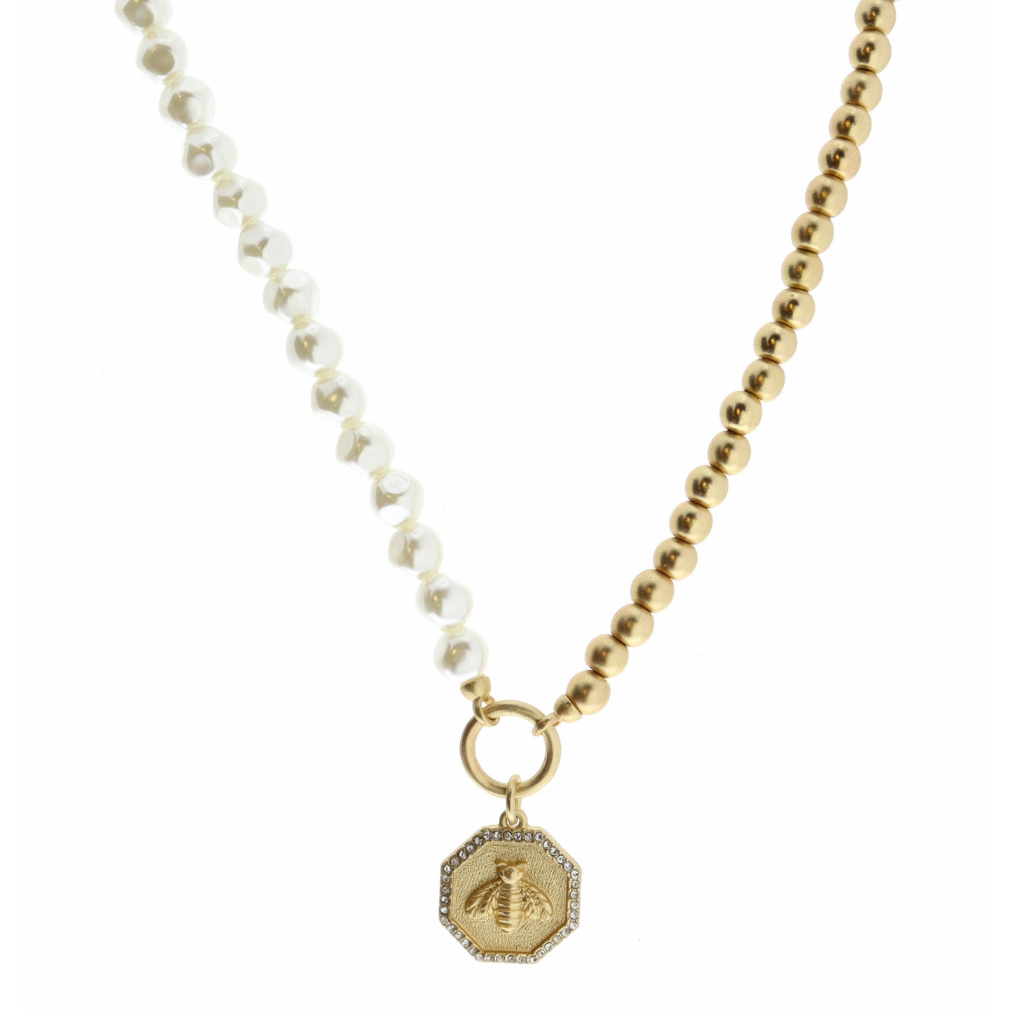 18" Half Pearl, Half Gold Beaded, Bee on Gold Hexagon Necklace, 3" Ext
