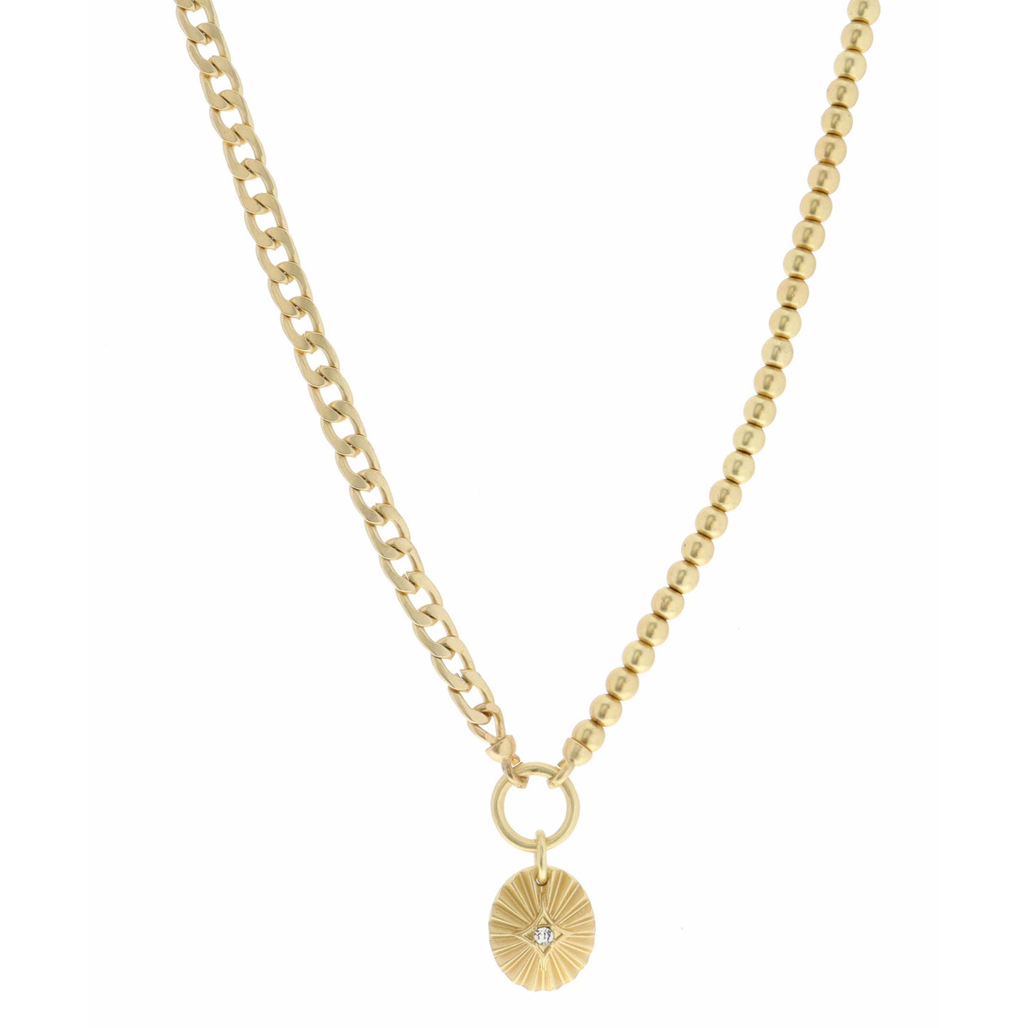 18" Half Gold Beaded, Half Gold Chain, Textured Oval Necklace, 3" Ext