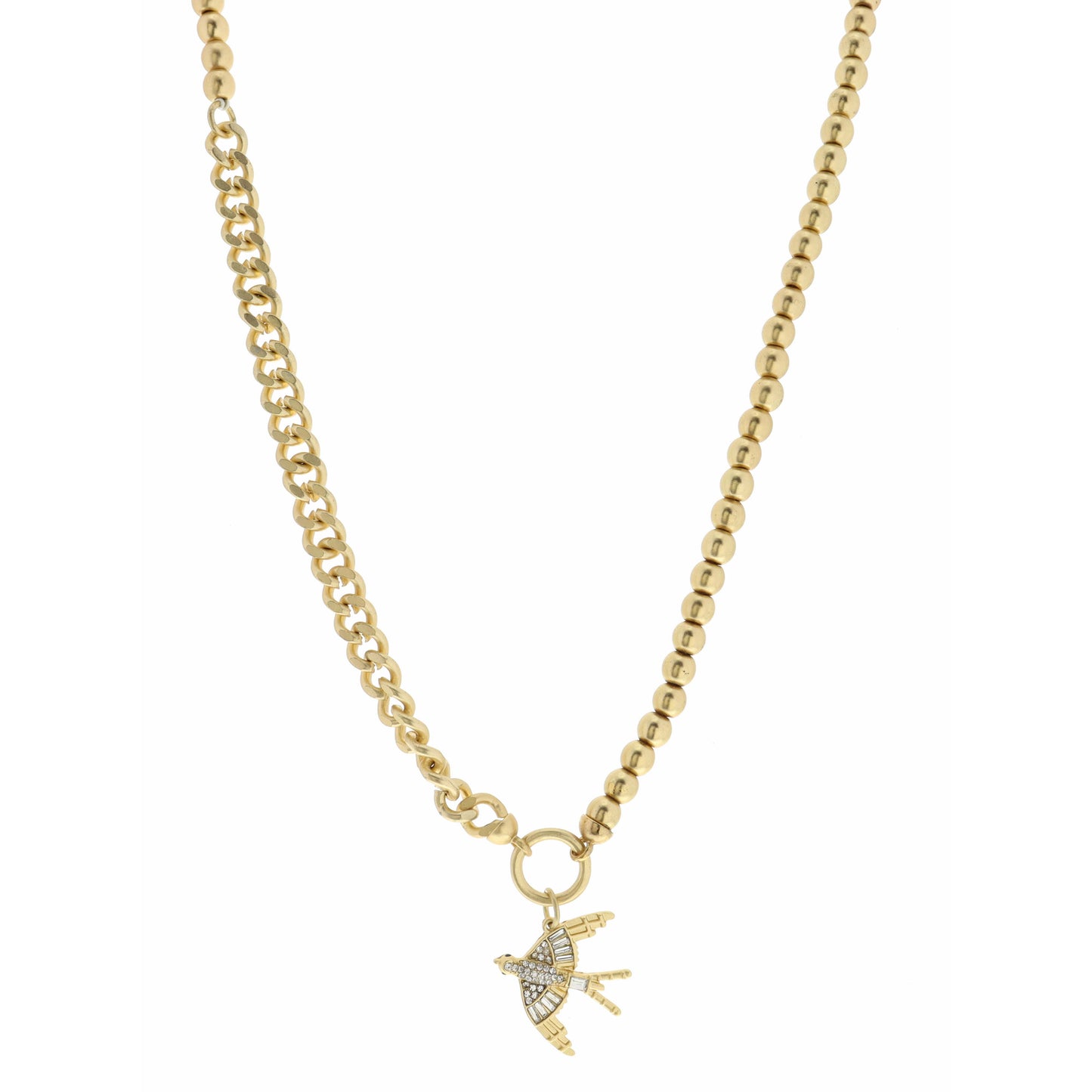 18" Half Gold Beaded, Half Gold Chain, Crystal Bird Necklace, 3" Ext