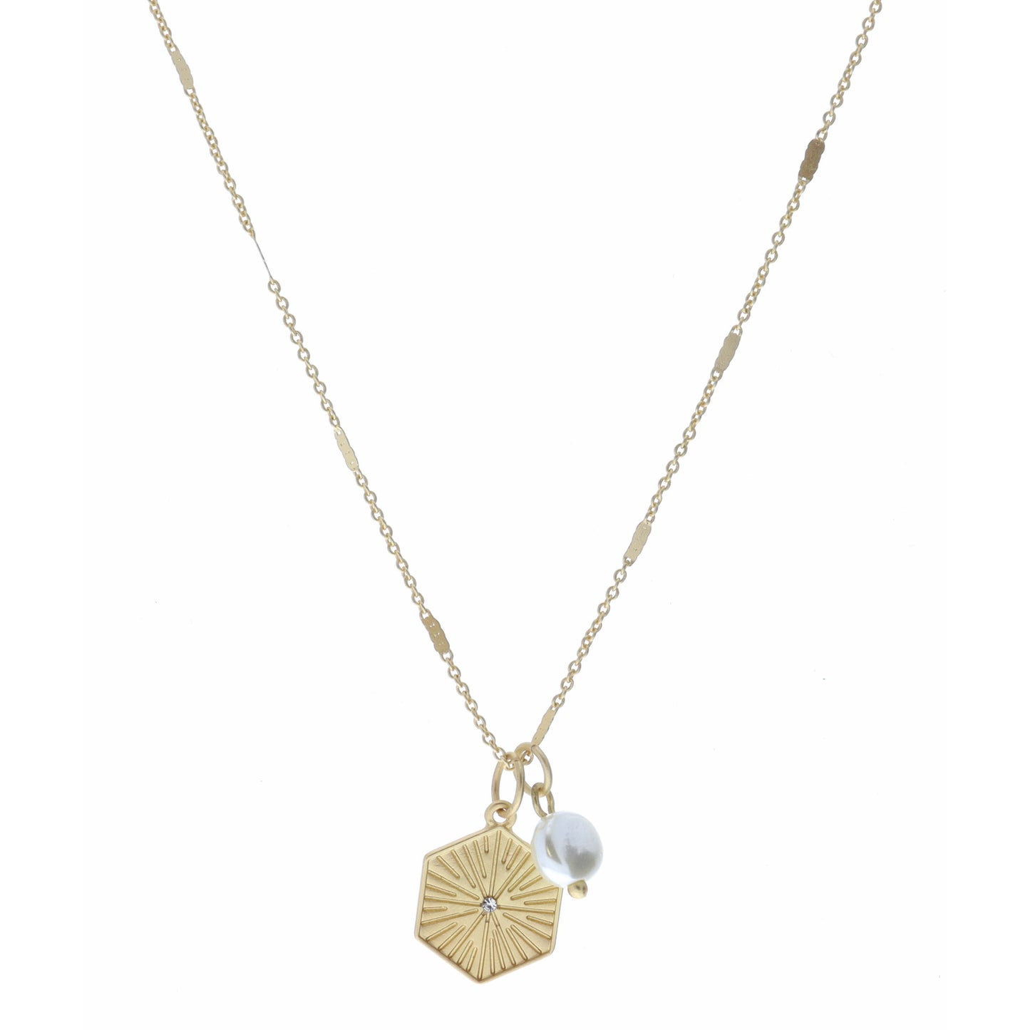 16" Gold Textured Hexagon with Center Crystal and Pearl Necklace, 3" Ext