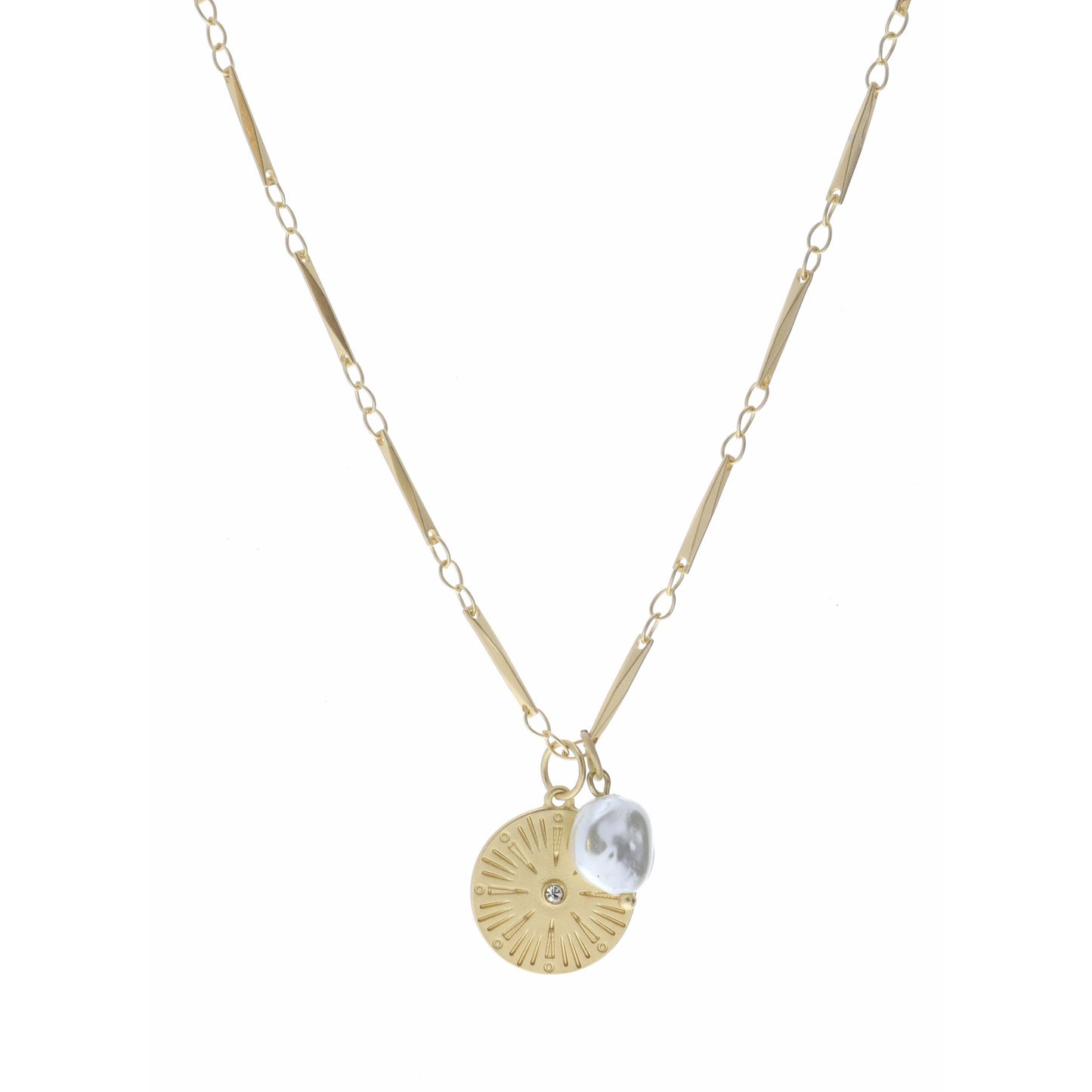 16" Gold Medallion Disc with Center Crystal and Pearl Necklace, 3" Ext