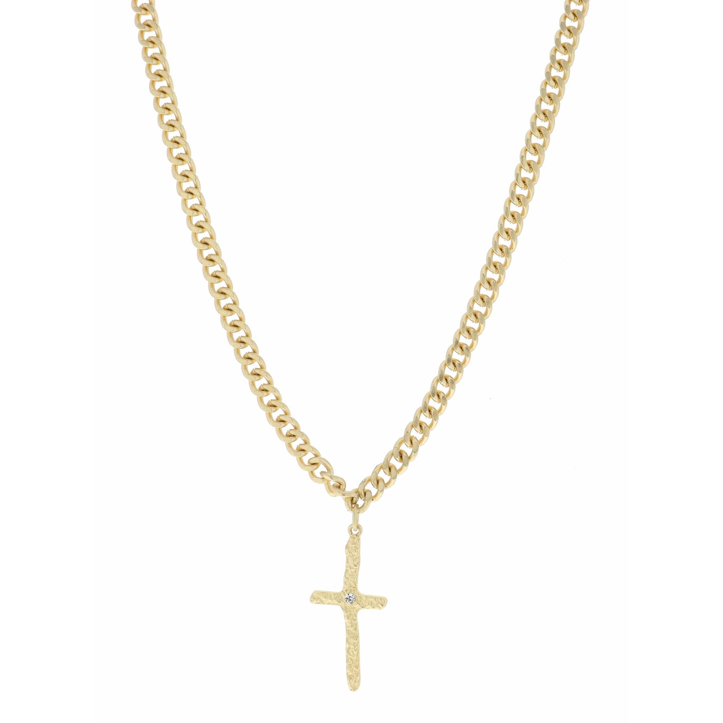 18" Curb Chain and Textured Cross with Small Crystal Necklace, 3" Ext