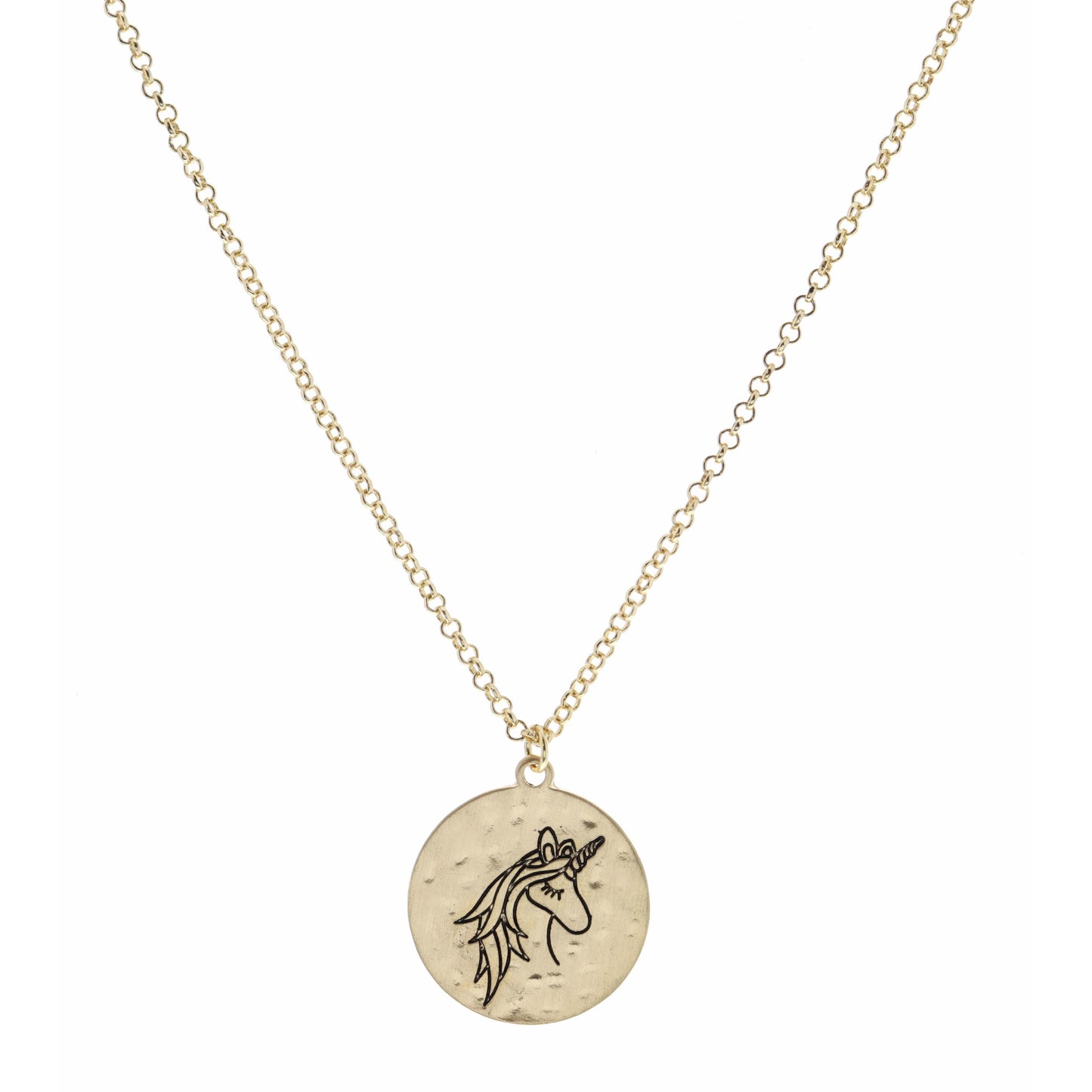 Kids 14" Gold Hammered Disc with Stamped Unicorn Head Necklace, 3" Ext
