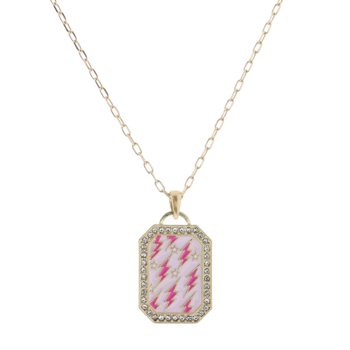 Kids 14" Light Pink Enamel with Pink Lightning & Stars Necklace, 2" Ext