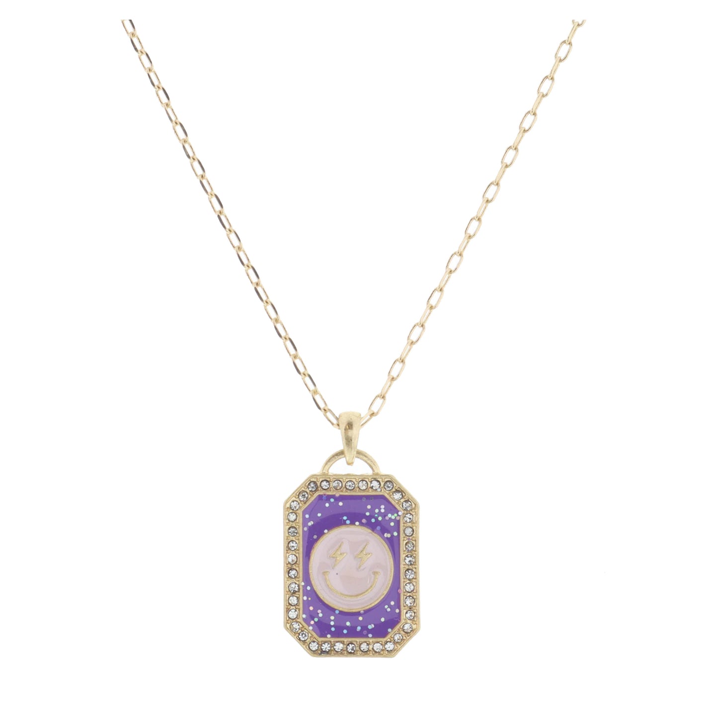 Kids 14" Purple Glitter Enamel with Pink Happy Face Necklace, 2" Ext