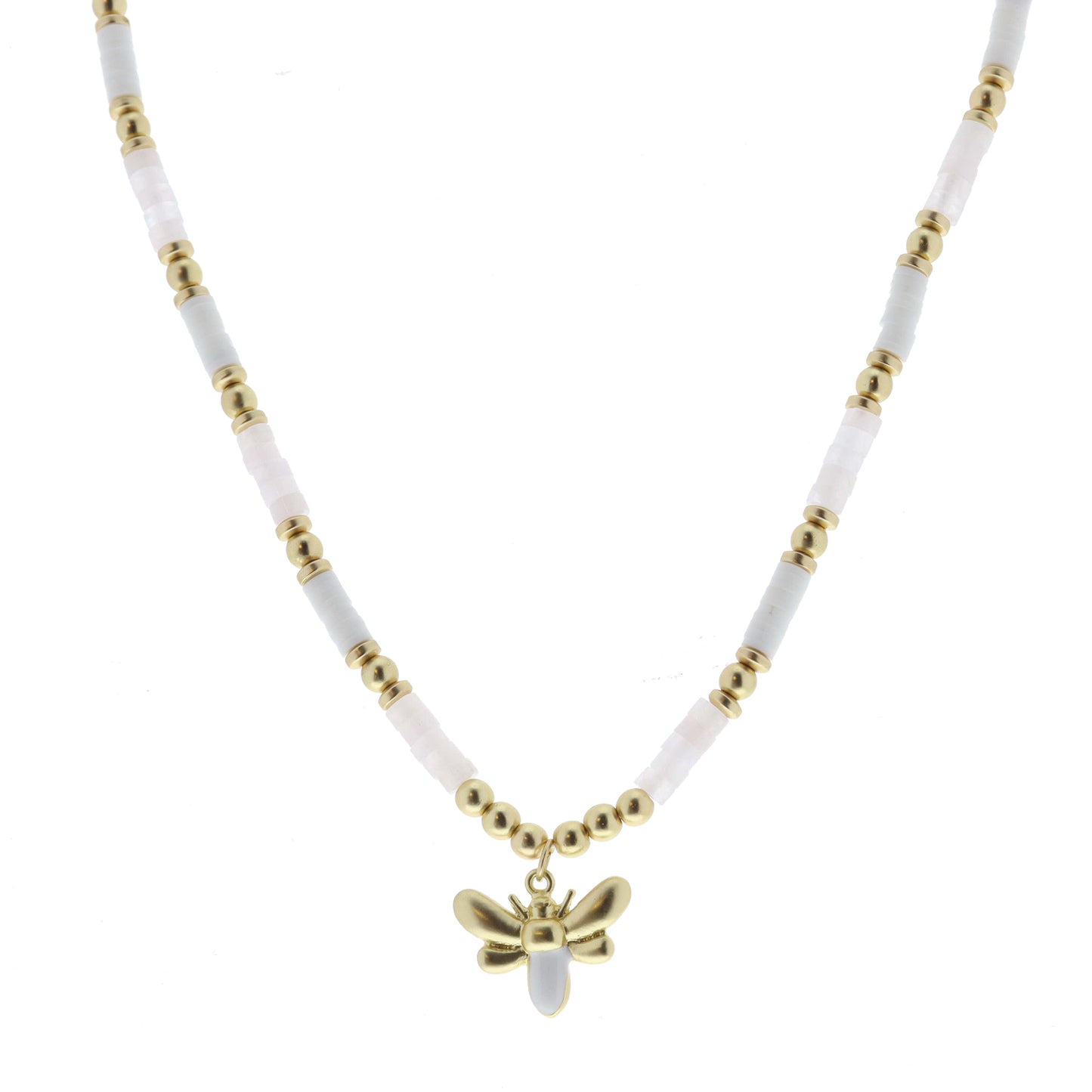 Rose Quartz, White Rubber Sequin, Gold Beaded with Gold and White Enamel Bee Necklace