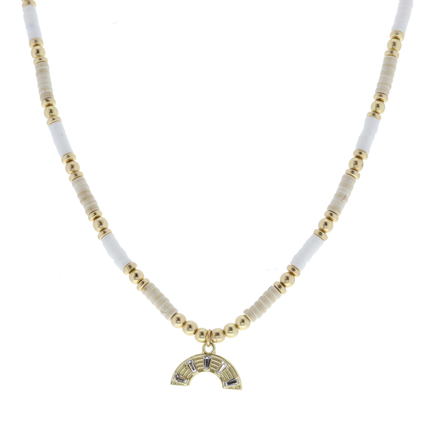 Natural Stone, White Sequin, Gold Beaded with Gold Rainbow Necklace