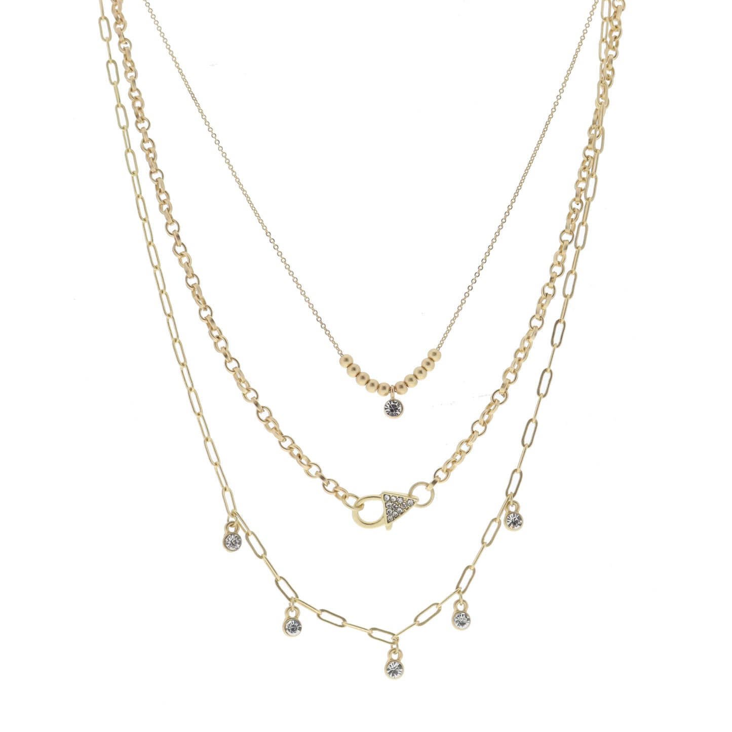 3 Strand, Gold Balls with Crystal Drop, Faux Gold Crystal Lobster Closure, Multi Crystal Drops Necklace