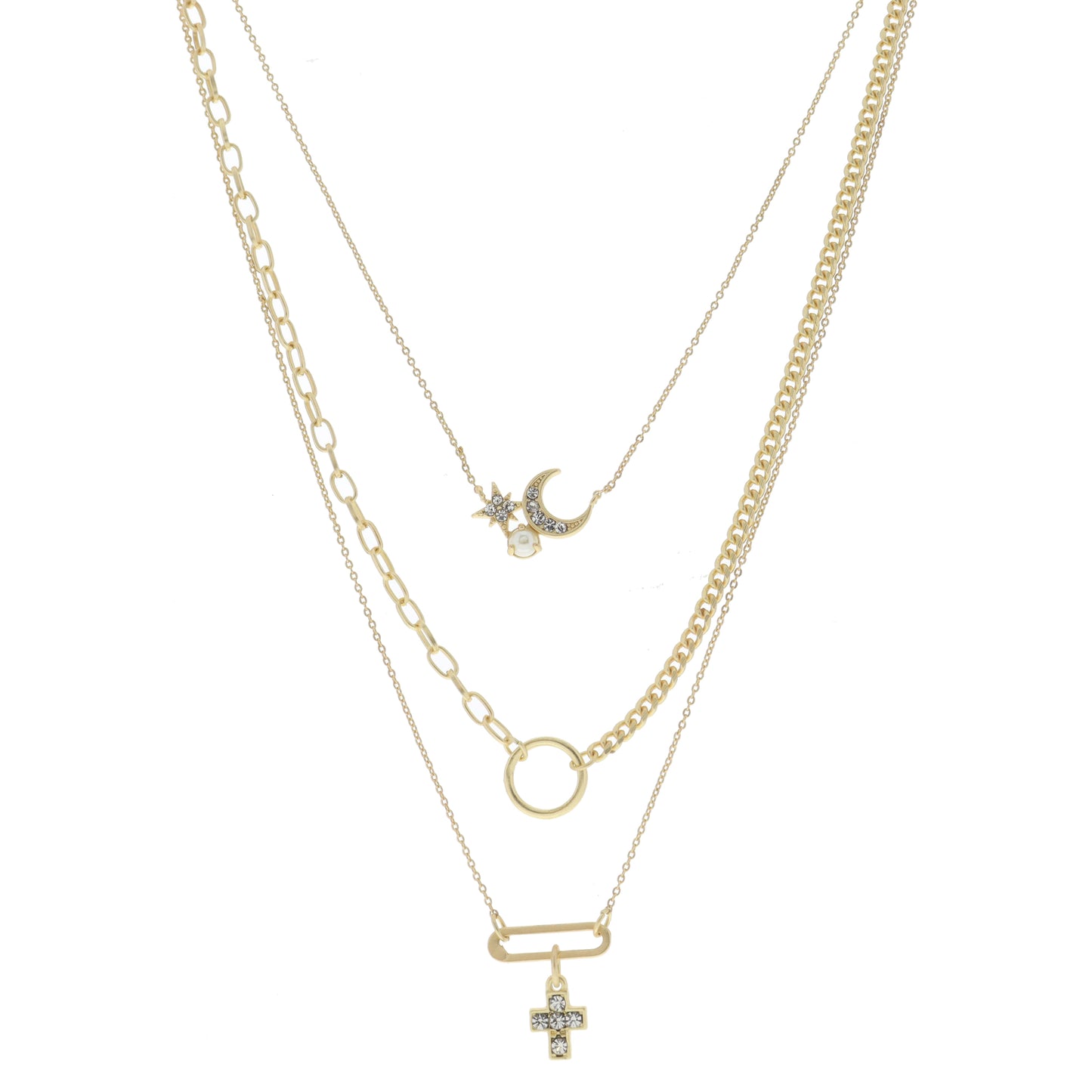3 Strand, Crystal, Moon, Star, Pearls, Gold Circle, Gold Paperclip Link, Cross Dangle Necklace