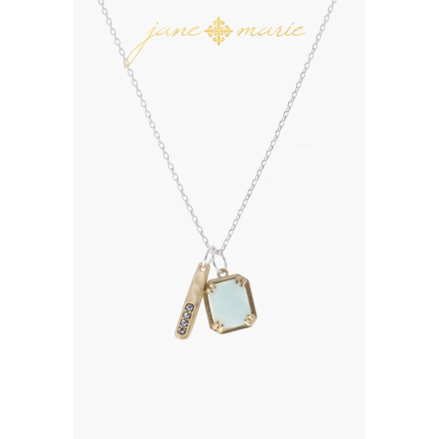 Gold Hammered Disc, Rectangle Clear Crystal Necklace