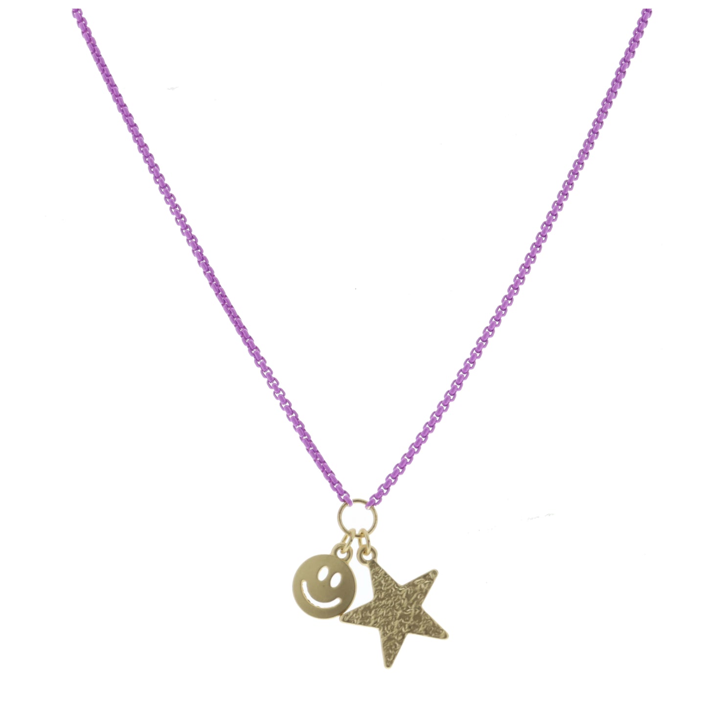 Kids Lavender Box Chain with Gold Happy Face and Gold Hammered Star Necklace