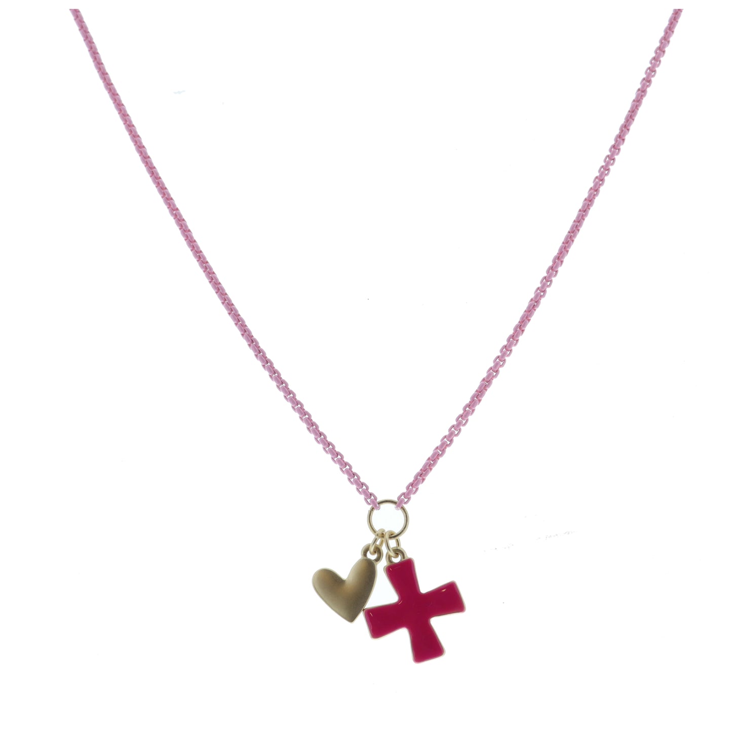 Kids Light Pink Box Chain with Heart and Hot Pink Enamel Square Cross Necklace