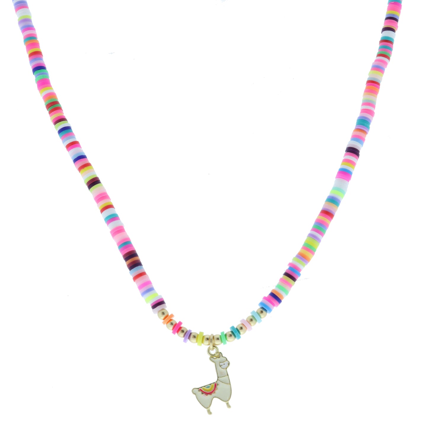 Kids Multi Rainbow Rubber Sequin with White and Multi Enamel Llama Necklace