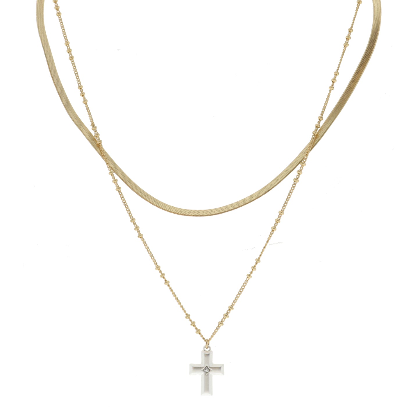 2 Strand, Gold Snake Chain, Gold Satellite Chain with Silver Cross Necklace
