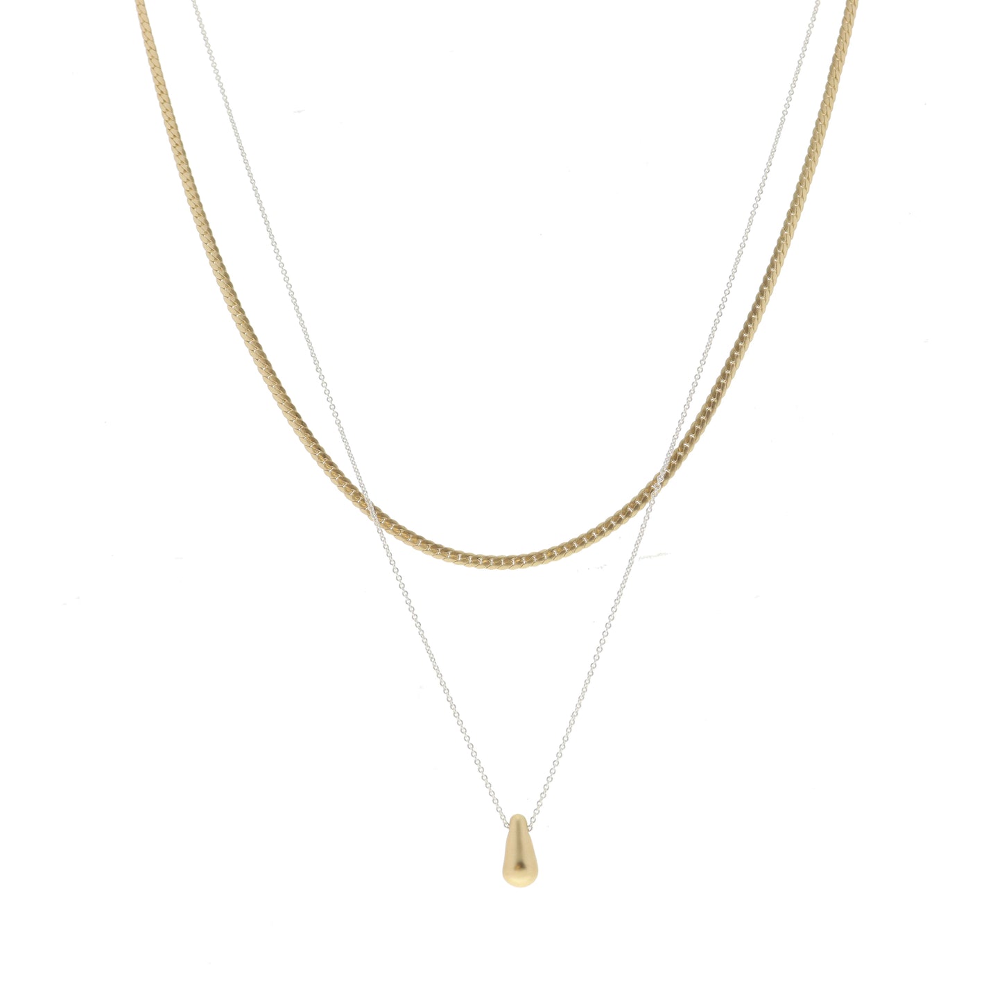 2 Strand, Gold Dapped Bar Chain, Silver Chain with Gold Teardrop Necklace