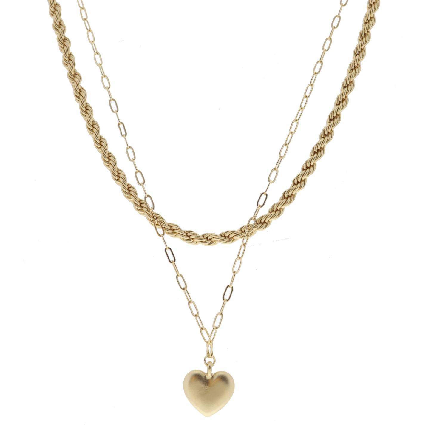 2 Strand, Gold Rope Chain, Gold Paperclip with Gold Heart Necklace
