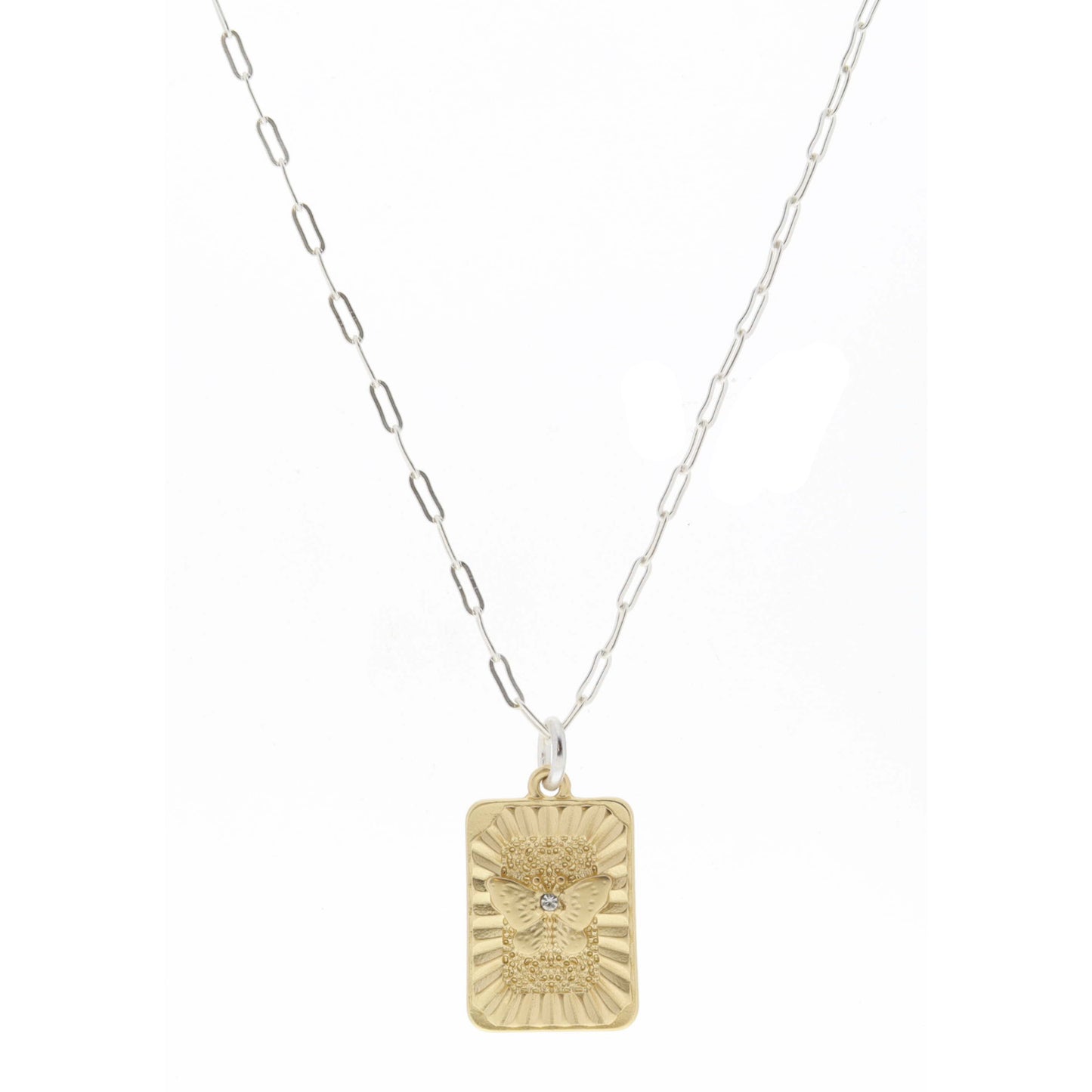 Gold Textured Rextangle with Butterfly and Clear Crystal Center Necklace
