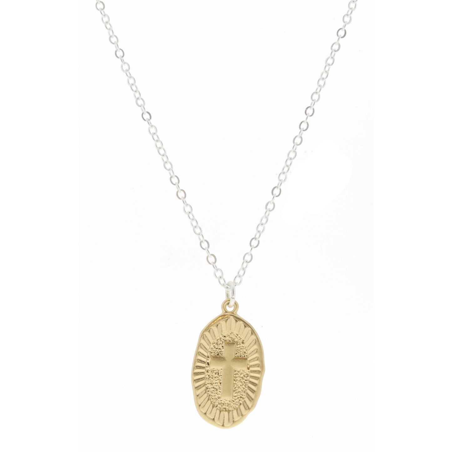 Gold Textured Oval with Cross Center Necklace