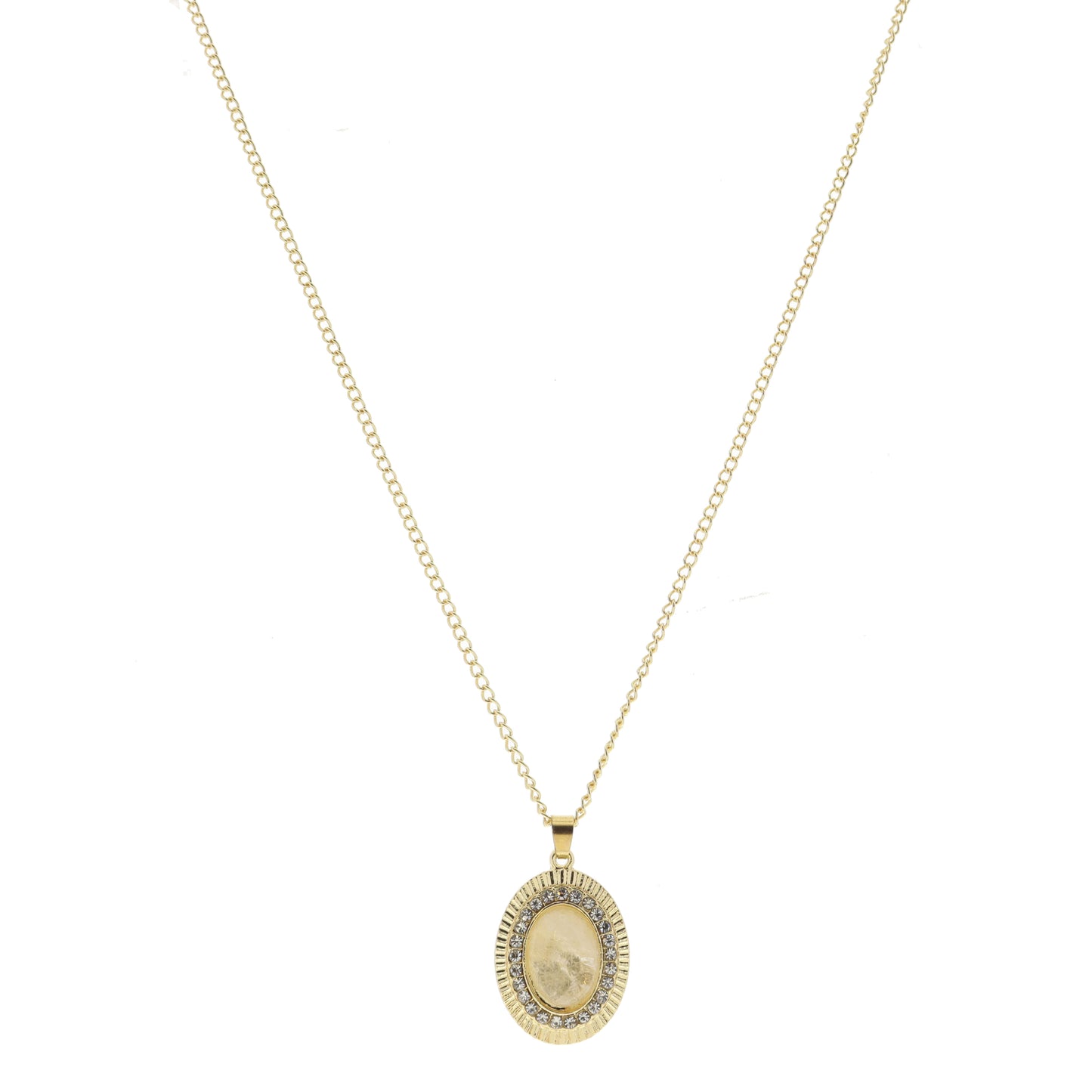 Gold Oval with Clear Crystals and Natural Oval Stone Necklace