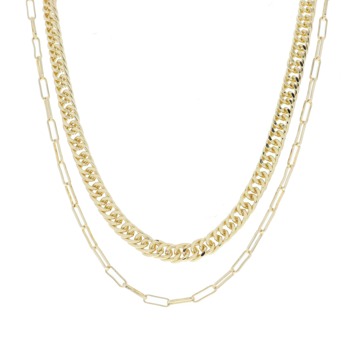 2 Strand, Shiny Gold Double Curb Chain, Shiny Gold Paperclip Chain Necklace