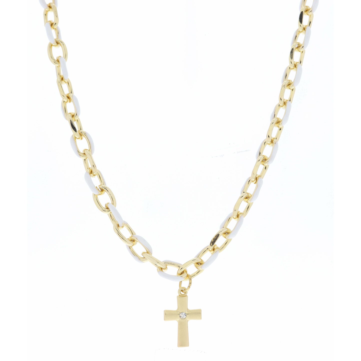 White Enamel Chain and Gold Cross with Mini Clear Crystal Necklace
