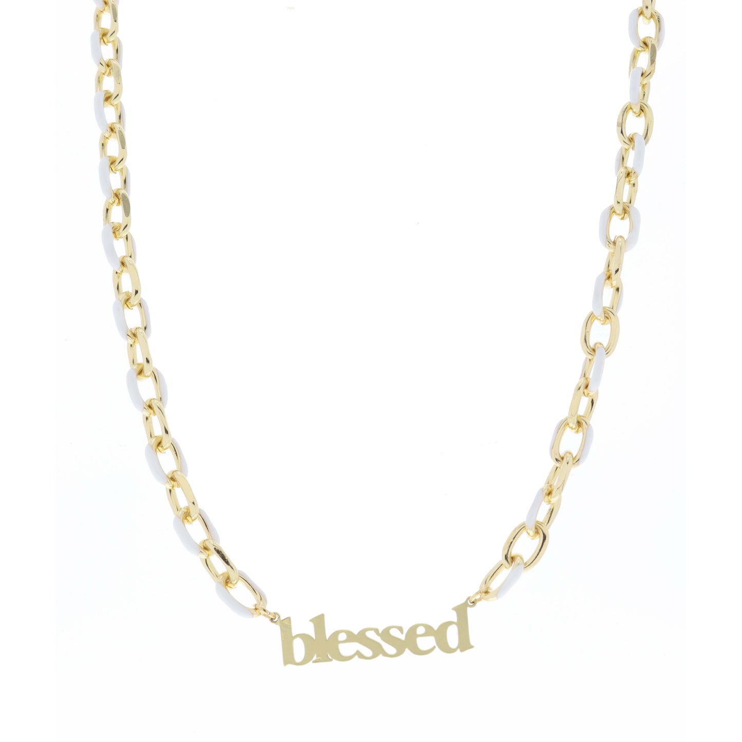 White Enamel Chain with Gold "blessed" Bar Necklace