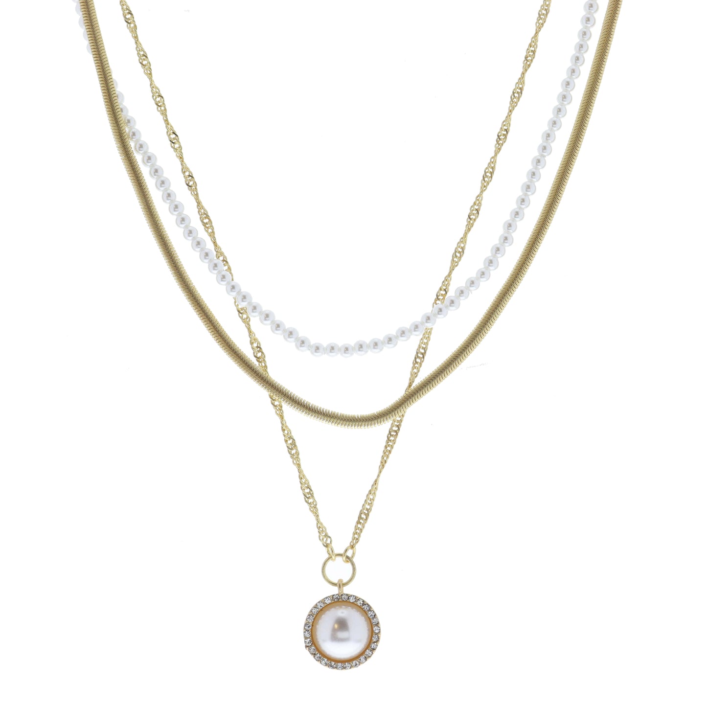 3 Layer Multi Chains and Pearl Strand with Pearl Inlay Setting Necklace