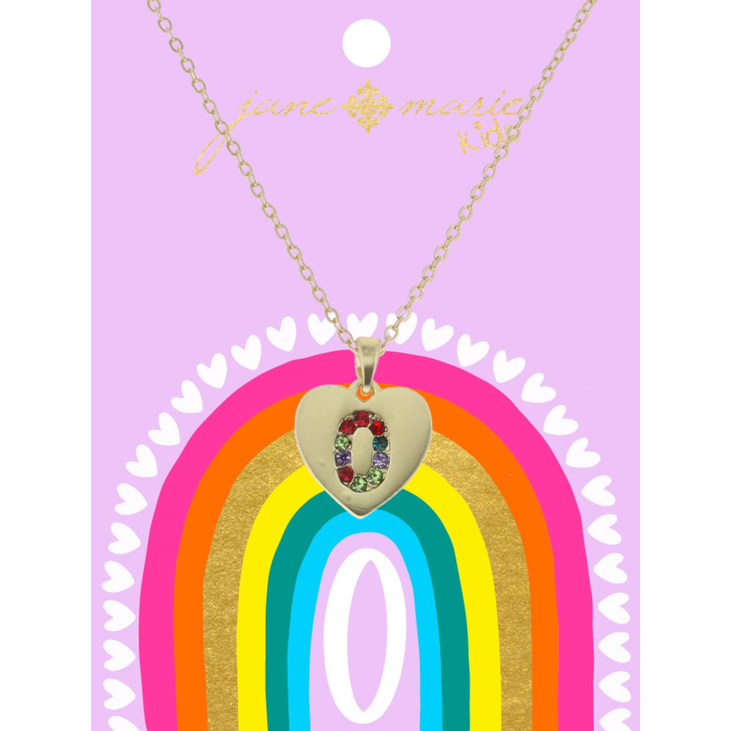 Kids Multi Color Crystal "O" on Gold Heart Necklace