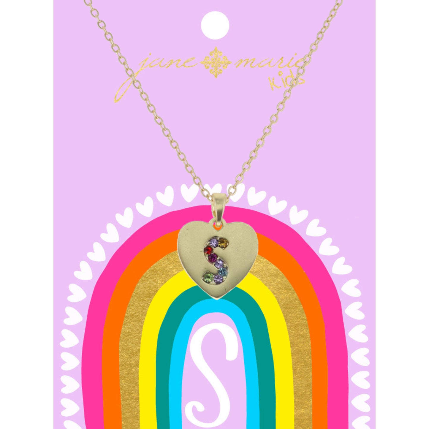 Kids Multi Color Crystal "S" on Gold Heart Necklace