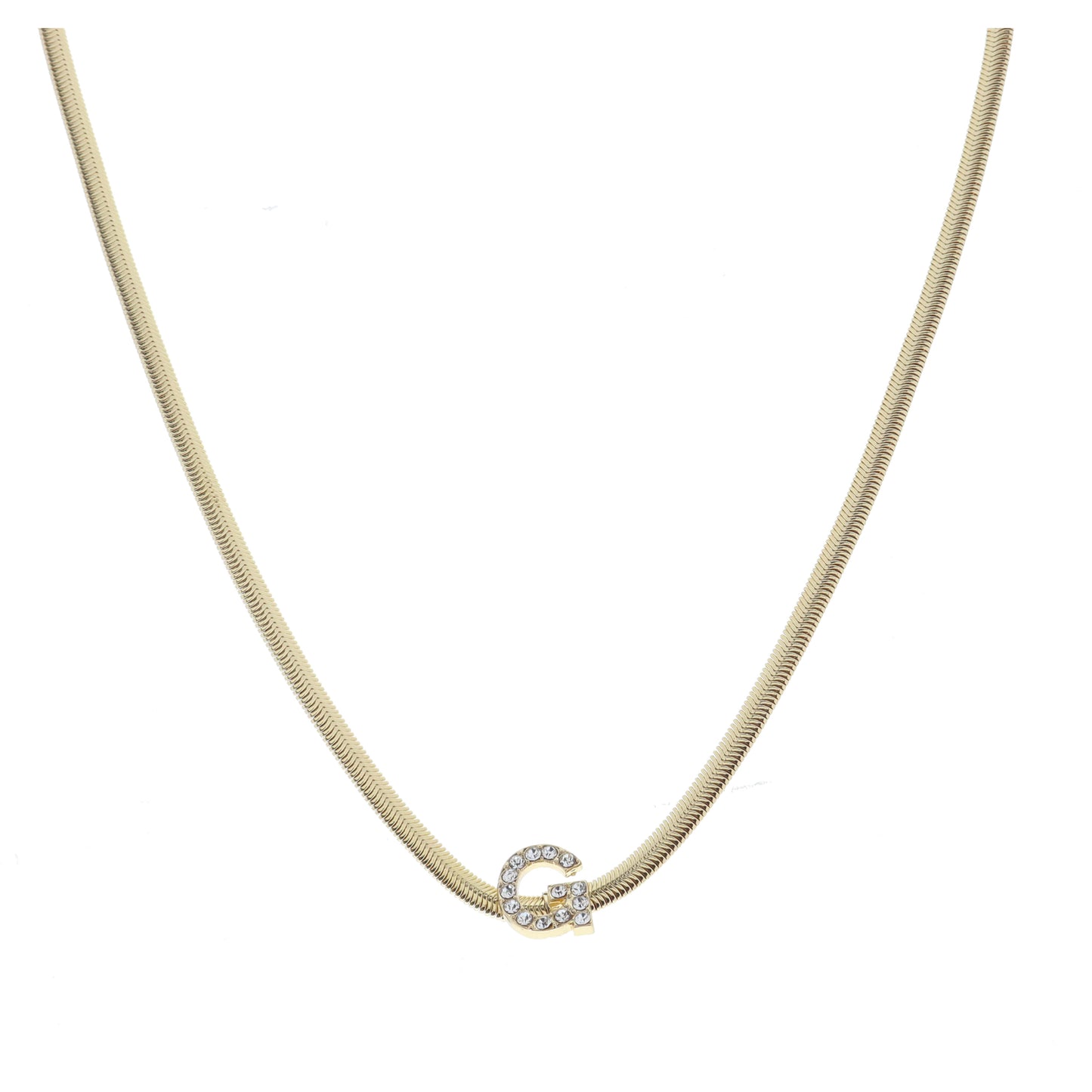 Shiny Gold Snake Chain with Clear Crystal "G" Station Necklace