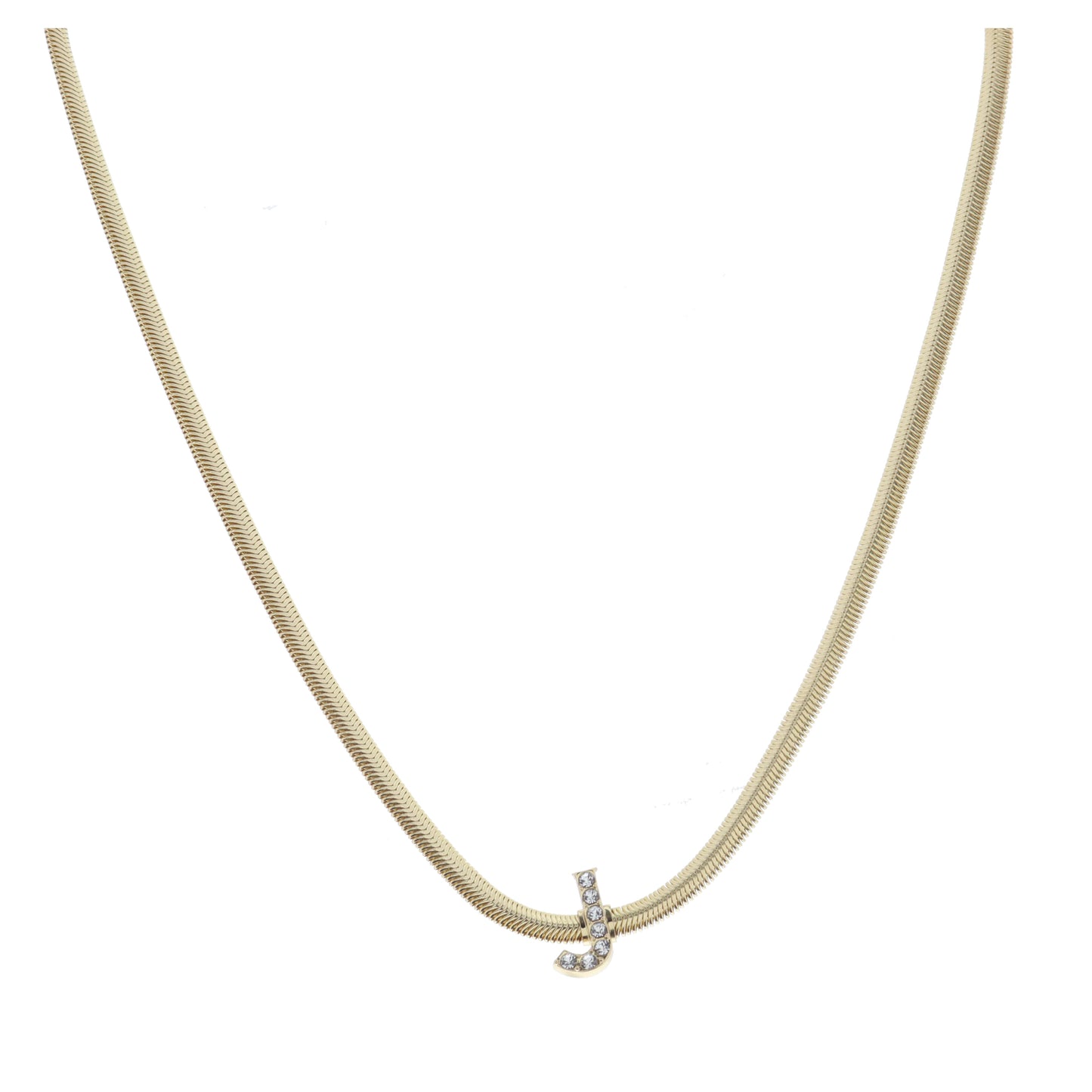 Shiny Gold Snake Chain with Clear Crystal "J" Station Necklace