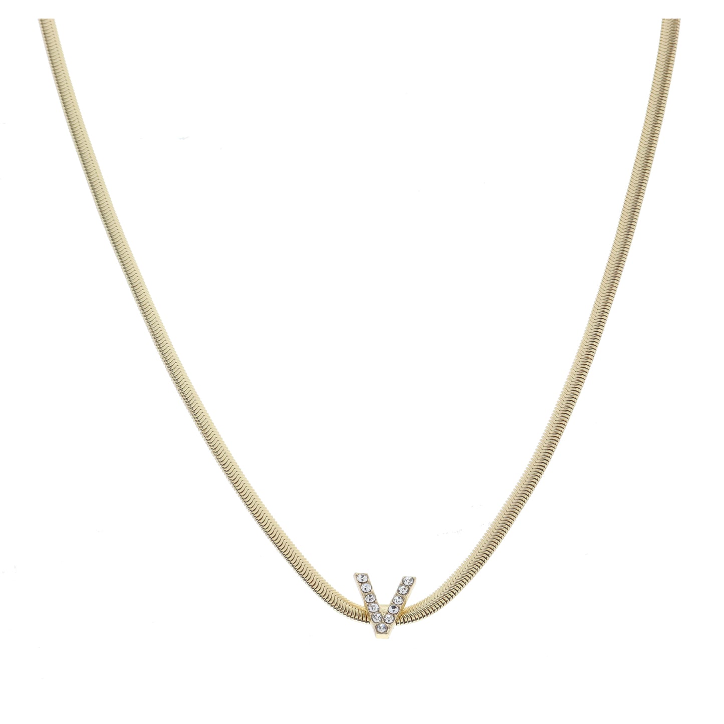 Shiny Gold Snake Chain with Clear Crystal "V" Station Necklace