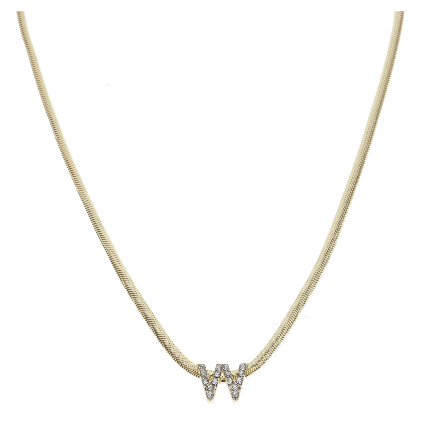 Shiny Gold Snake Chain with Clear Crystal "W" Station Necklace