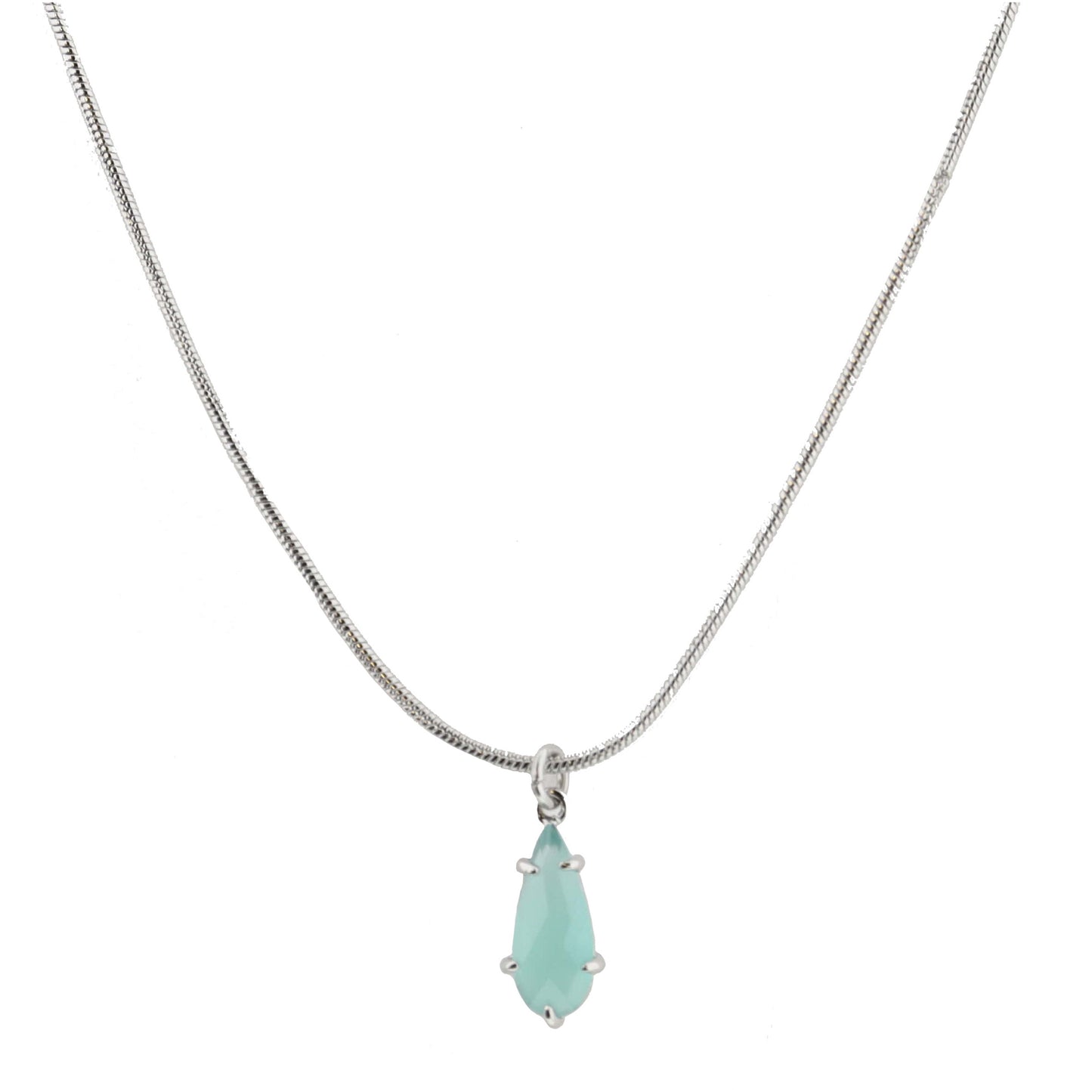 Silver Petite Snake Chain with Mint Crystal Teardrop Necklace
