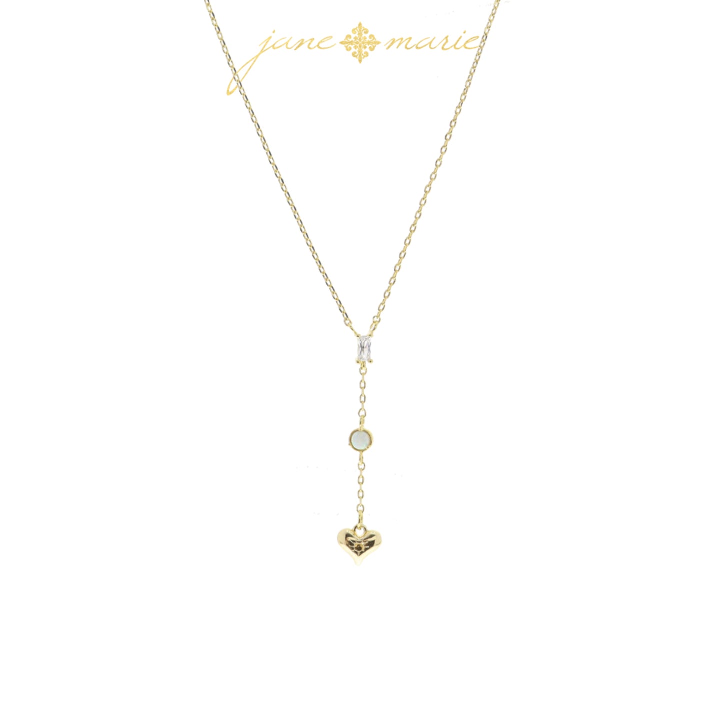 3 Tier Drop with Clear Baguette Crystal, Opal Circle, Gold Heart Necklace