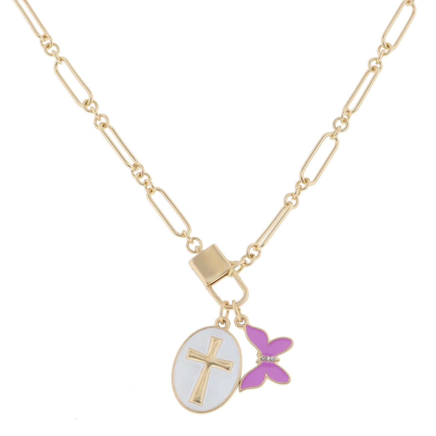 Kids 14" Lobster Claw, Cross on White Oval, Lavender Butterfly Necklace, 3" Ext