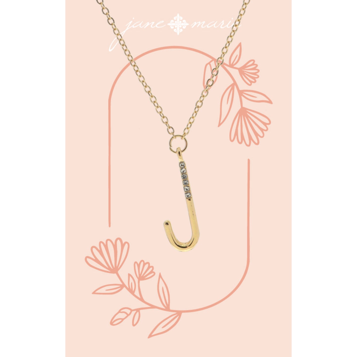 Shiny Gold Skinny "J" Initial with Clear Crystal Embellishments Necklace