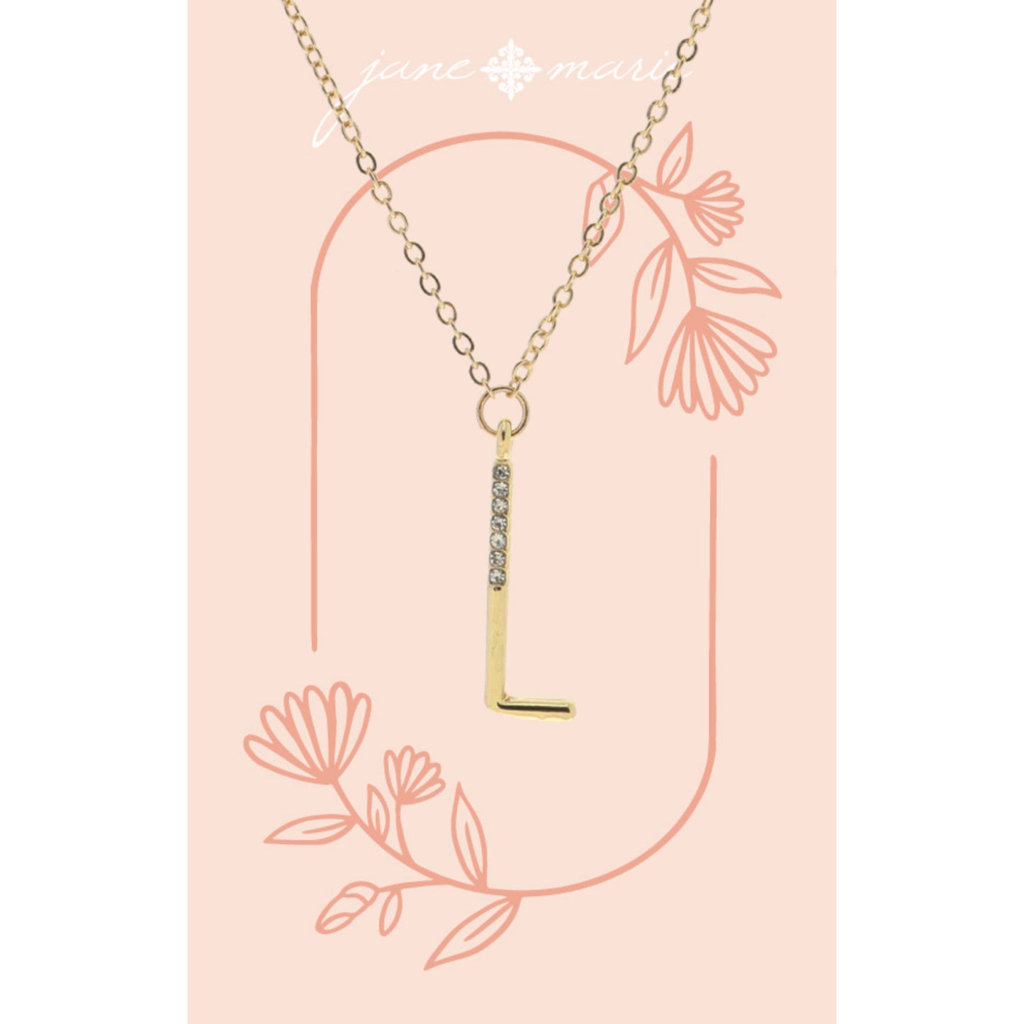 Shiny Gold Skinny "L" Initial with Clear Crystal Embellishments Necklace