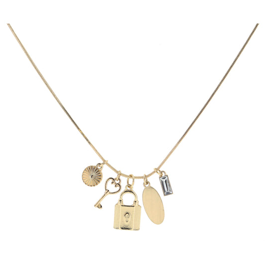 Textured Disc, Heart Key, Decorative Padlock, Elongated Oval Disc, Rectangle Clear Crystal Necklace