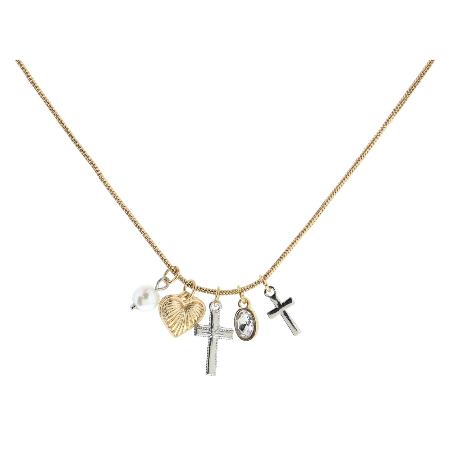 Pearl, Gold Heart, Silver Cross, Oval Clear Crystal, Silver Mini Cross Necklace