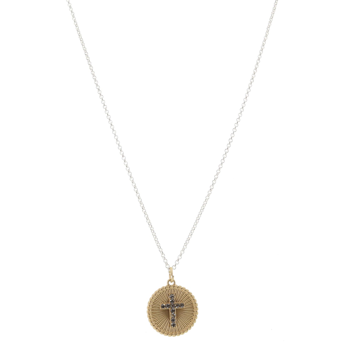 Gold Textured Disc with Clear Crsytal Cross Necklace, .85" Pendant