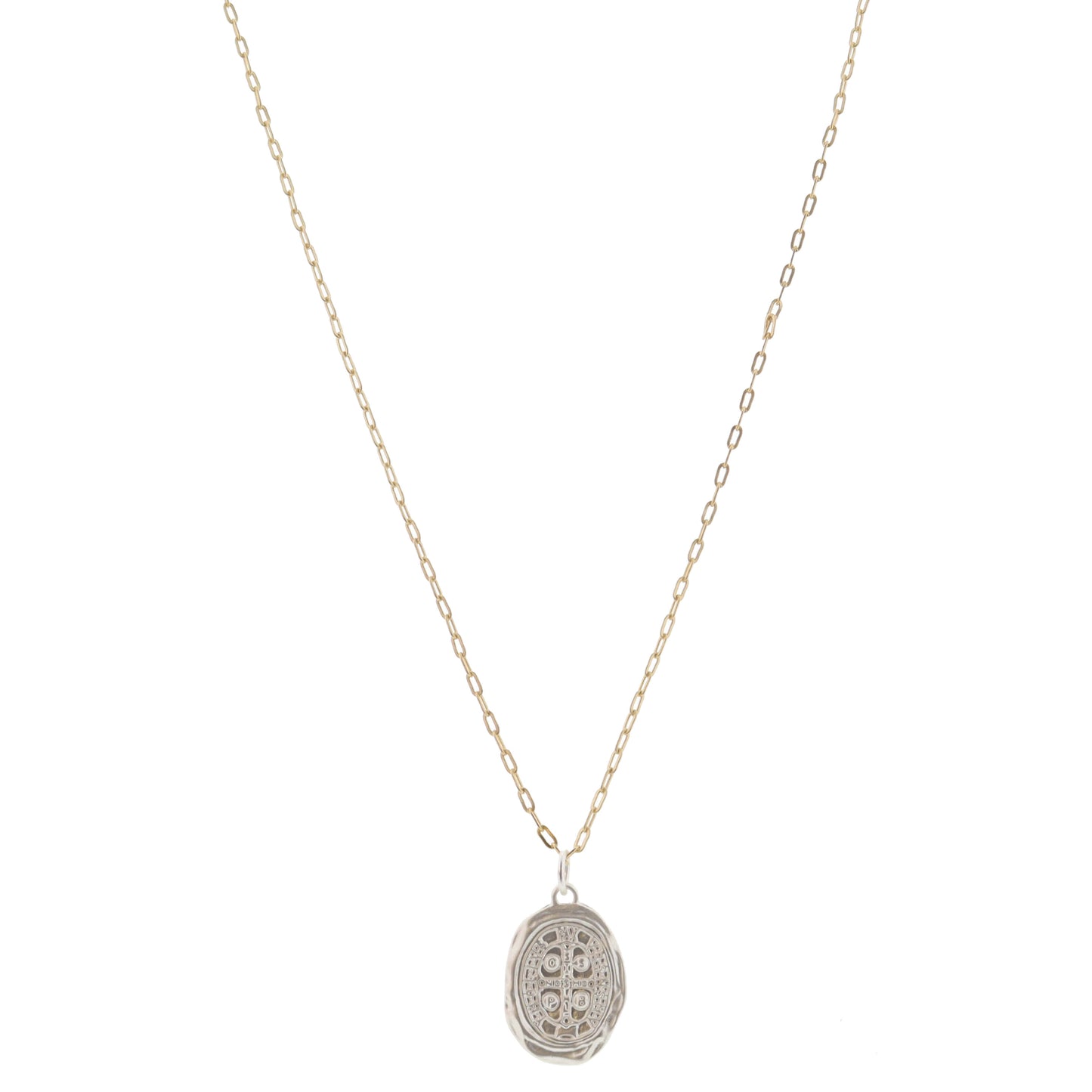 Silver Hammered Oval Cross Coin Necklace, .85" Pendant