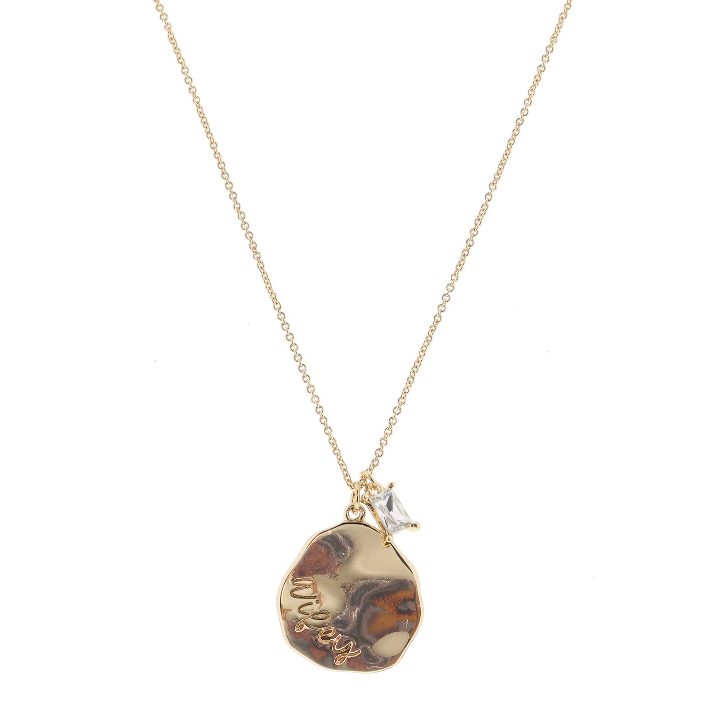 Gold Wavy Disc with "Wifey" and Clear Baguette Crystal Necklace, .75", .25" Pendants