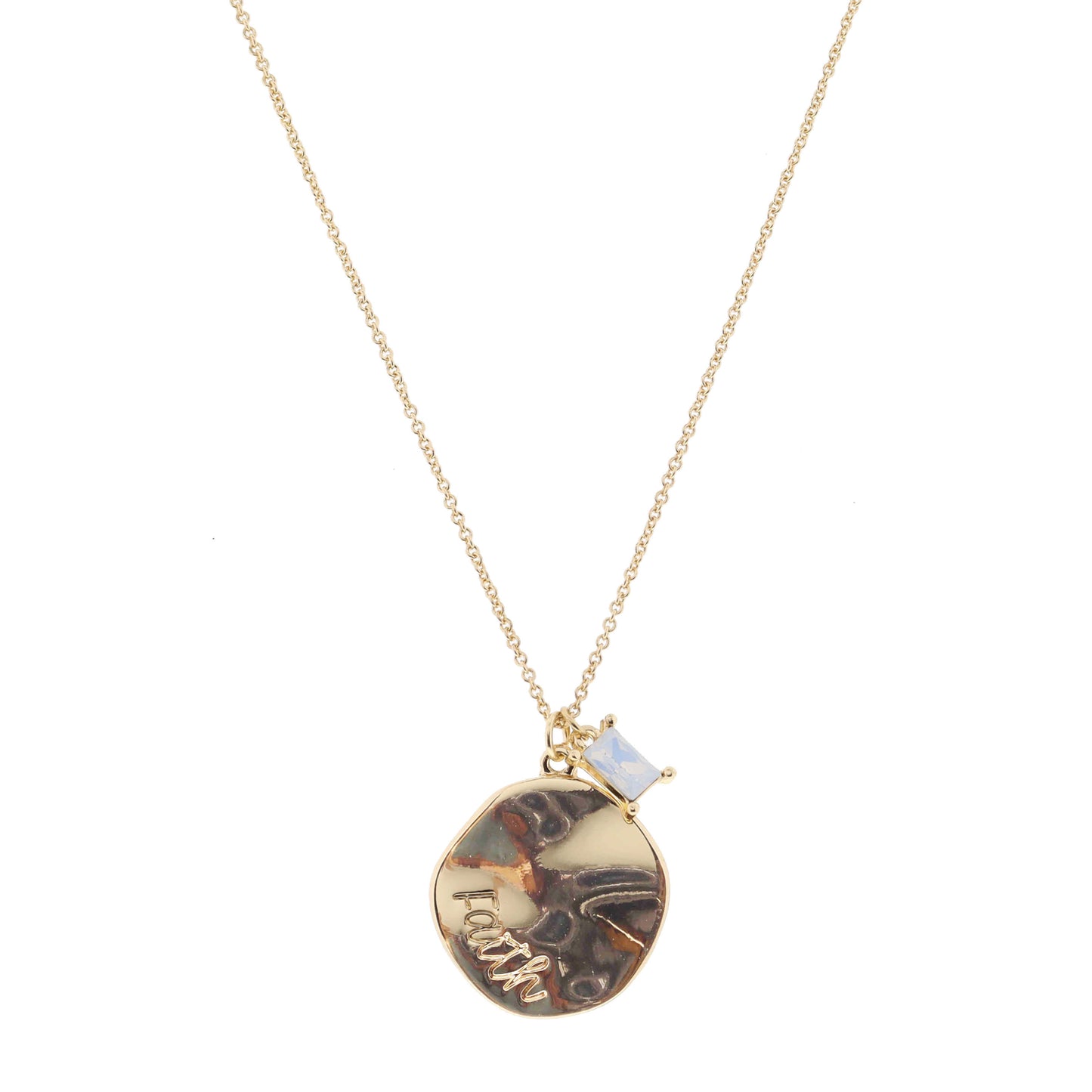 Gold Wavy Disc with "Faith" and Moonstone Baguette Crystal Necklace, .75", .25" Pendants