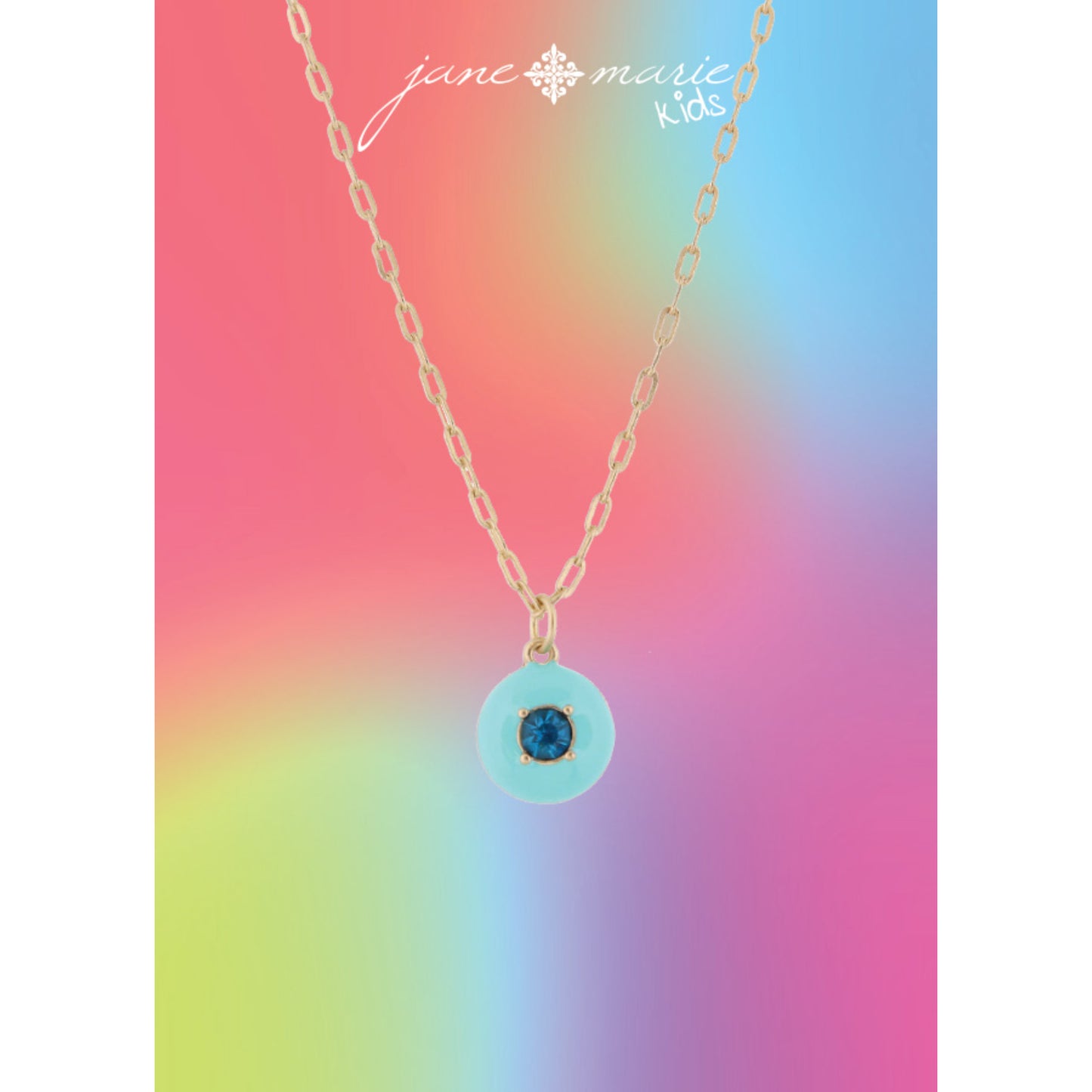 Kids Light Blue Enamel with Teal Crystal Circle Necklace, .5" Pendant