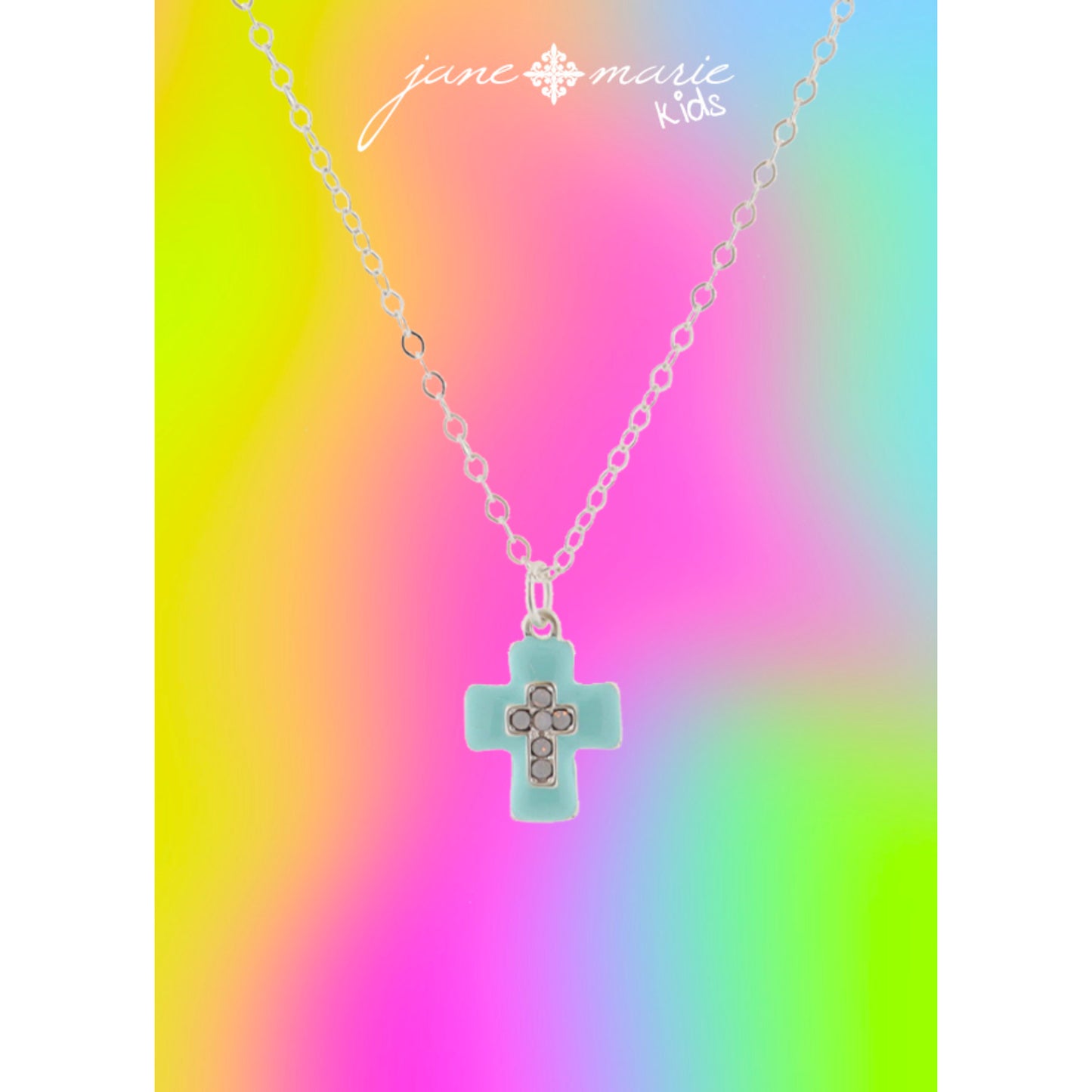 Kids Light Blue Enamel with Moonstone Crystal Cross Necklace, .5" Pendant