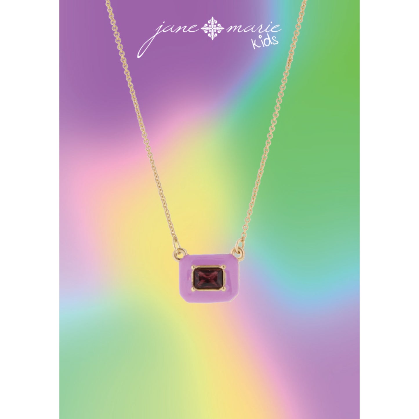 Kids Lavender Enamel with Purple Crystal Rectangle Necklace, .35" Pendant